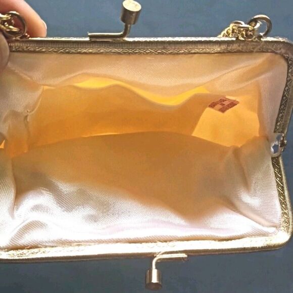 Vintage Beaded Purse Handbag Satin Beige Gold Chain Handmade Glam 1950s Style - Picture 10 of 13